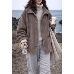 LL Bean Fleece Sherpa Lined Faux Suede Button Jacket L Brown Cozy